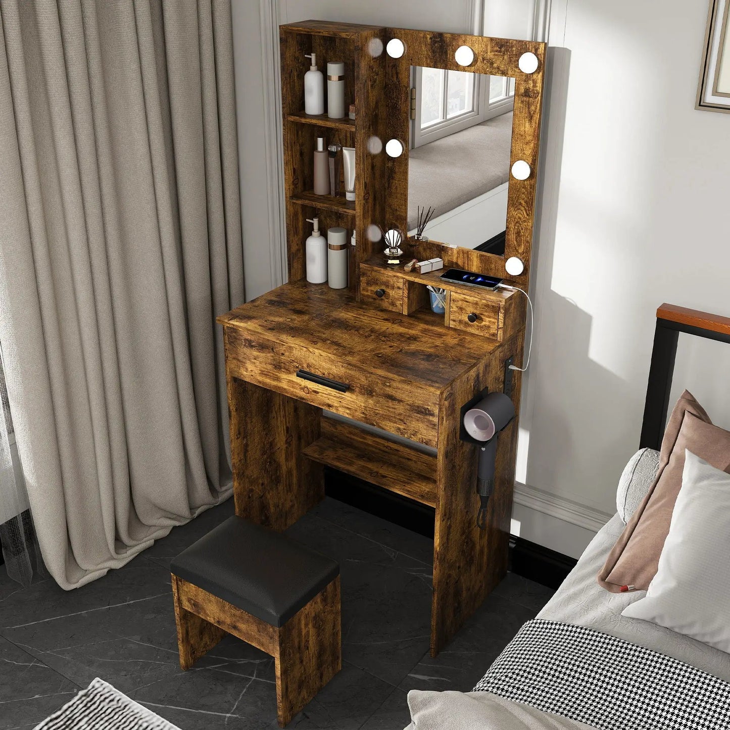 Vanity Table with Mirror and Hairdryer Holder