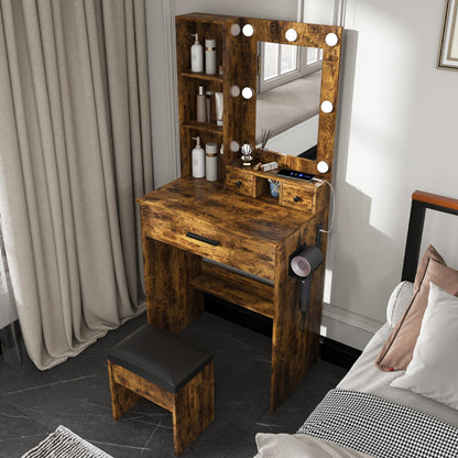Vanity set with mirror wood finish and built-in LED lights, open shelves and cushioned bench on Tampa Home & Garden Store