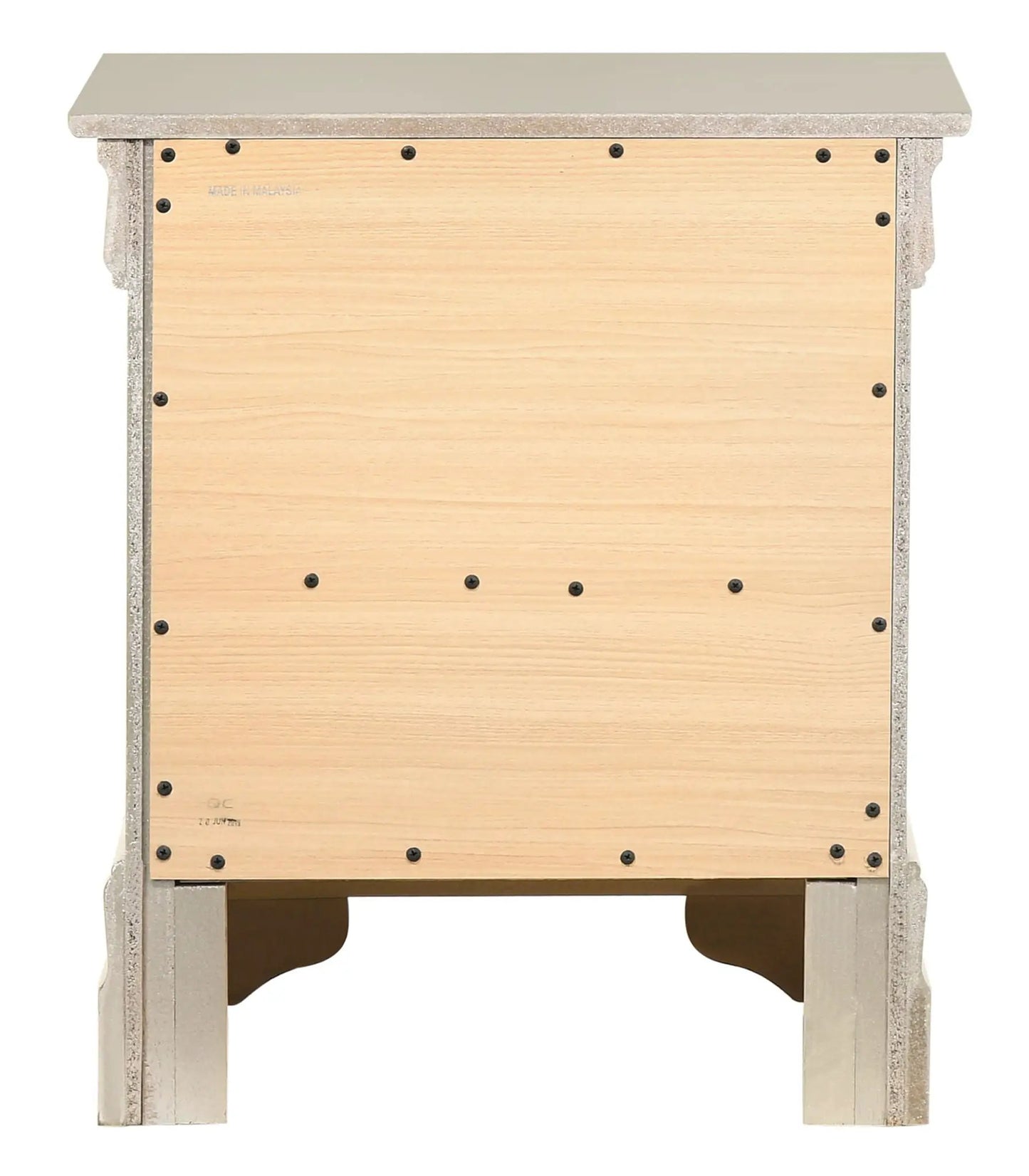 Traditional nightstand with beige top and distressed silver frame over light wood panels on Tampa Home & Garden Store