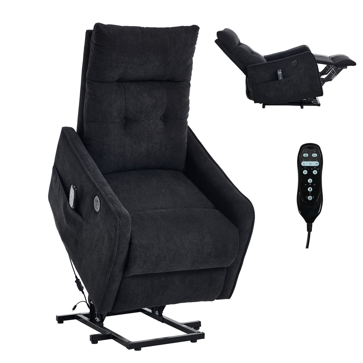Black chenille single motor lift recliner chair by HouseOfZazla with remote on Tampa Home & Garden Store