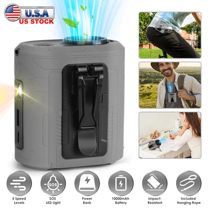 GemGear 5-in-1 waist clip fan with 5 speeds, flashlight and 10000mAh battery gray wearable fan on Tampa Home & Garden Store