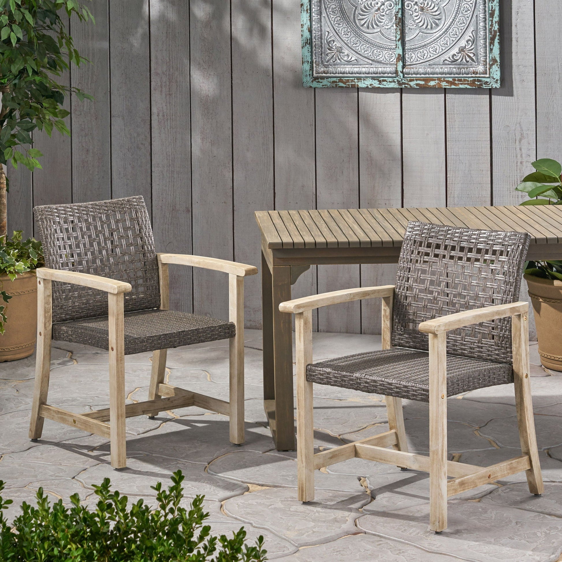 Outdoor Dining Chairs set of 2 with acacia wood frames and woven seats on Tampa Home & Garden Store