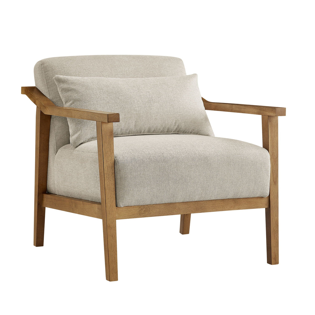 Arm Accent Chair with Lumbar Pillow in beige textured fabric on natural wood frame on Tampa Home & Garden Store