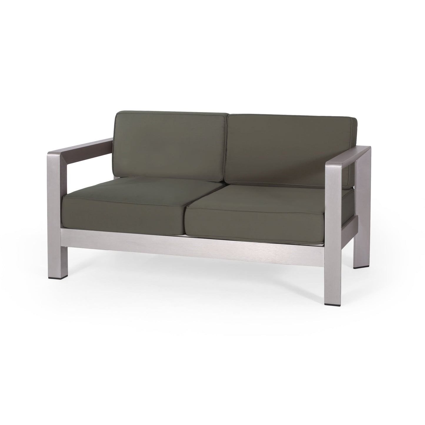 Outdoor aluminum loveseat with low-profile frame and olive cushions by HouseOfZazla on Tampa Home & Garden Store