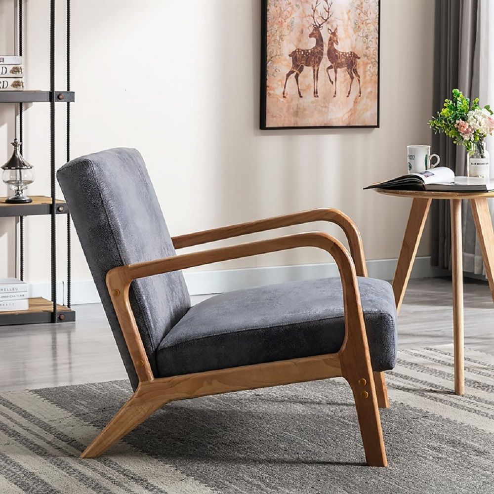 Mid-century modern arm chair by HouseOfZazla with open wooden arms and grey upholstery on Tampa Home & Garden Store