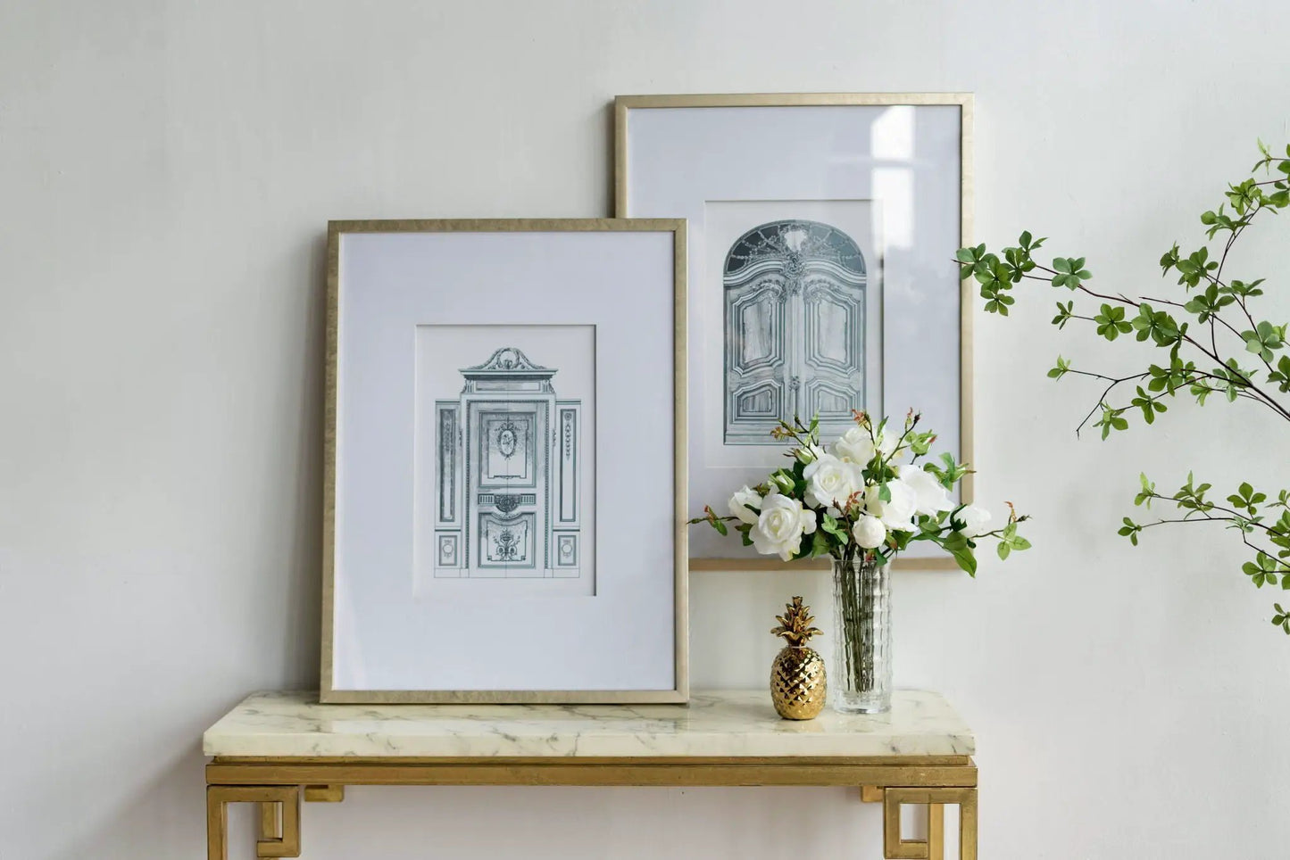 Architectural wall art set of 2 with gold-tone frames and blue blueprint prints on Tampa Home & Garden Store