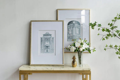 Architectural wall art set of 2 with gold-tone frames and blue blueprint prints on Tampa Home & Garden Store