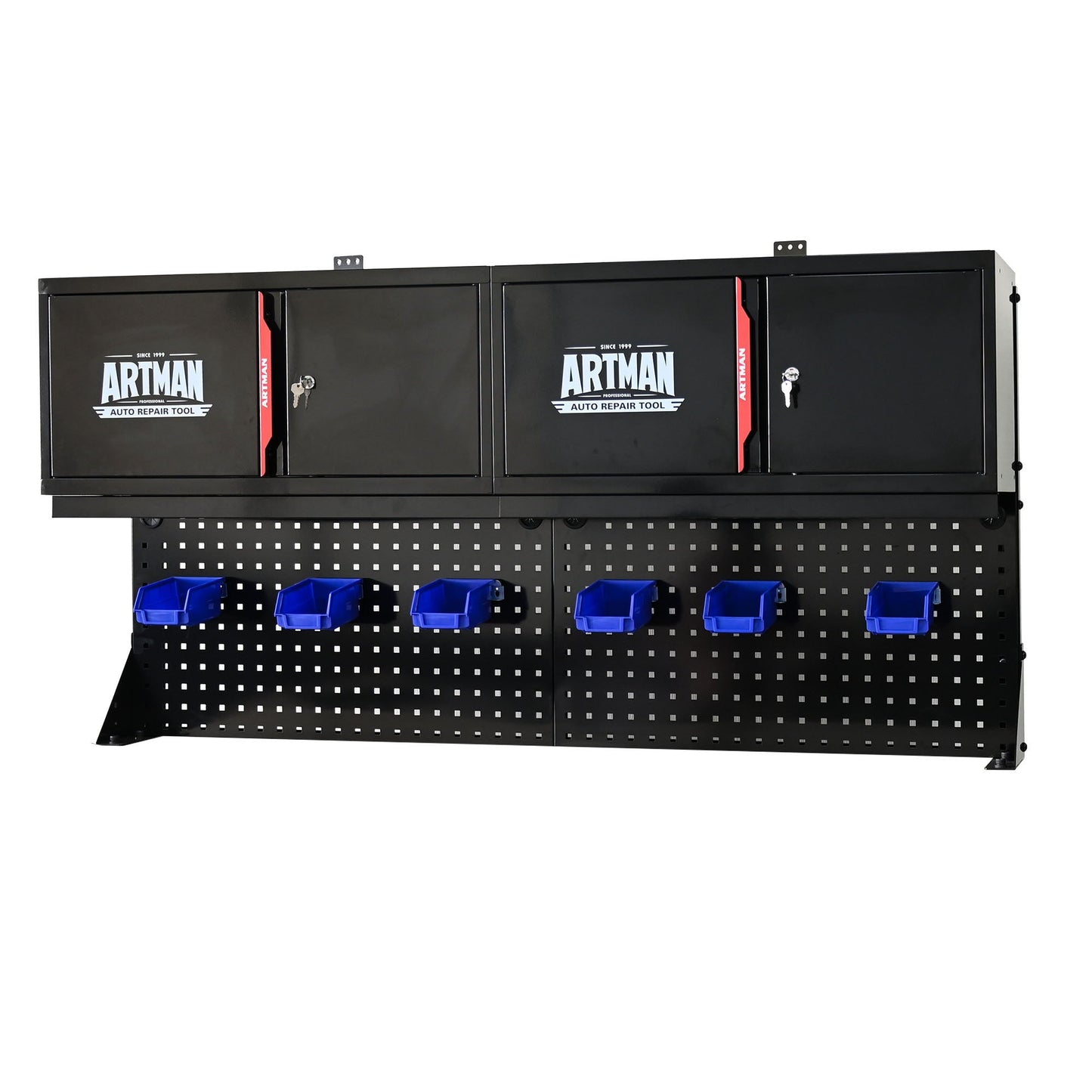 Wall mounted double-door storage cabinet with tool rack and hooks black with red accents ARTMAN on Tampa Home & Garden Store