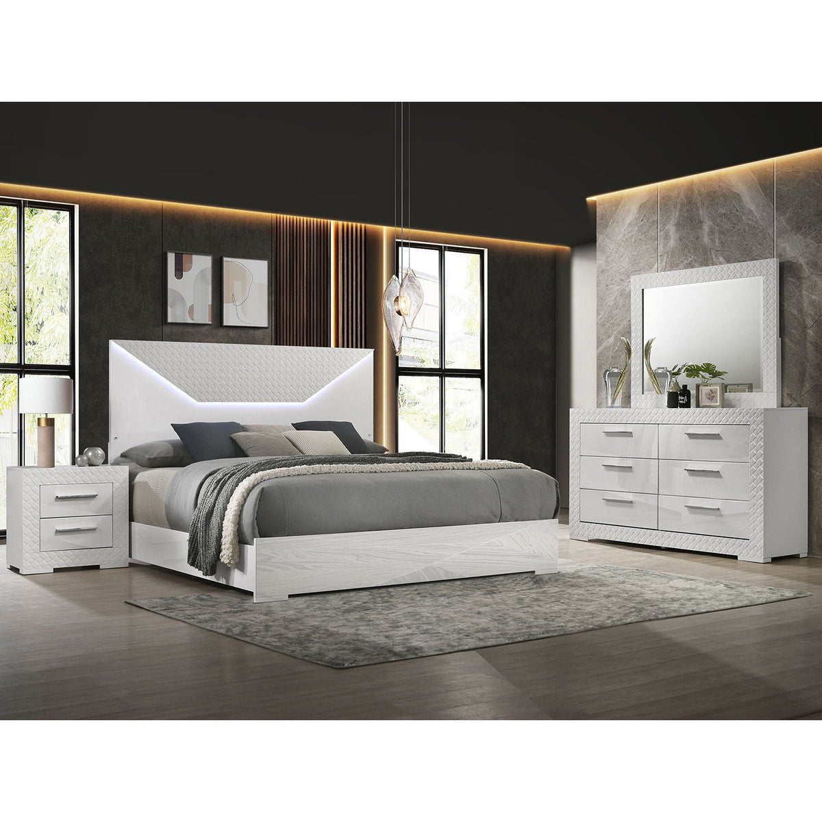 Pierce 4 Piece Bedroom Set LED Lighting white gloss bed, dresser and mirror by HouseOfZazla on Tampa Home & Garden Store