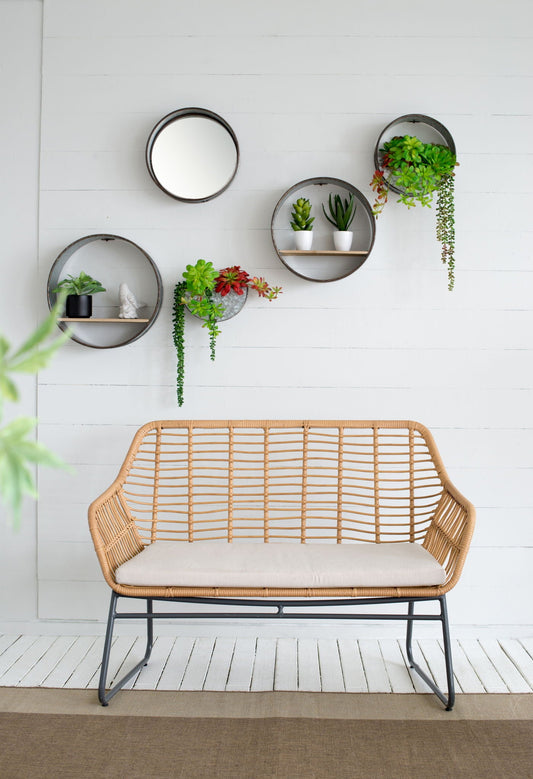 Farmhouse round gray metal wall planter set of 5 with wood shelves and succulents on white wall on Tampa Home & Garden Store