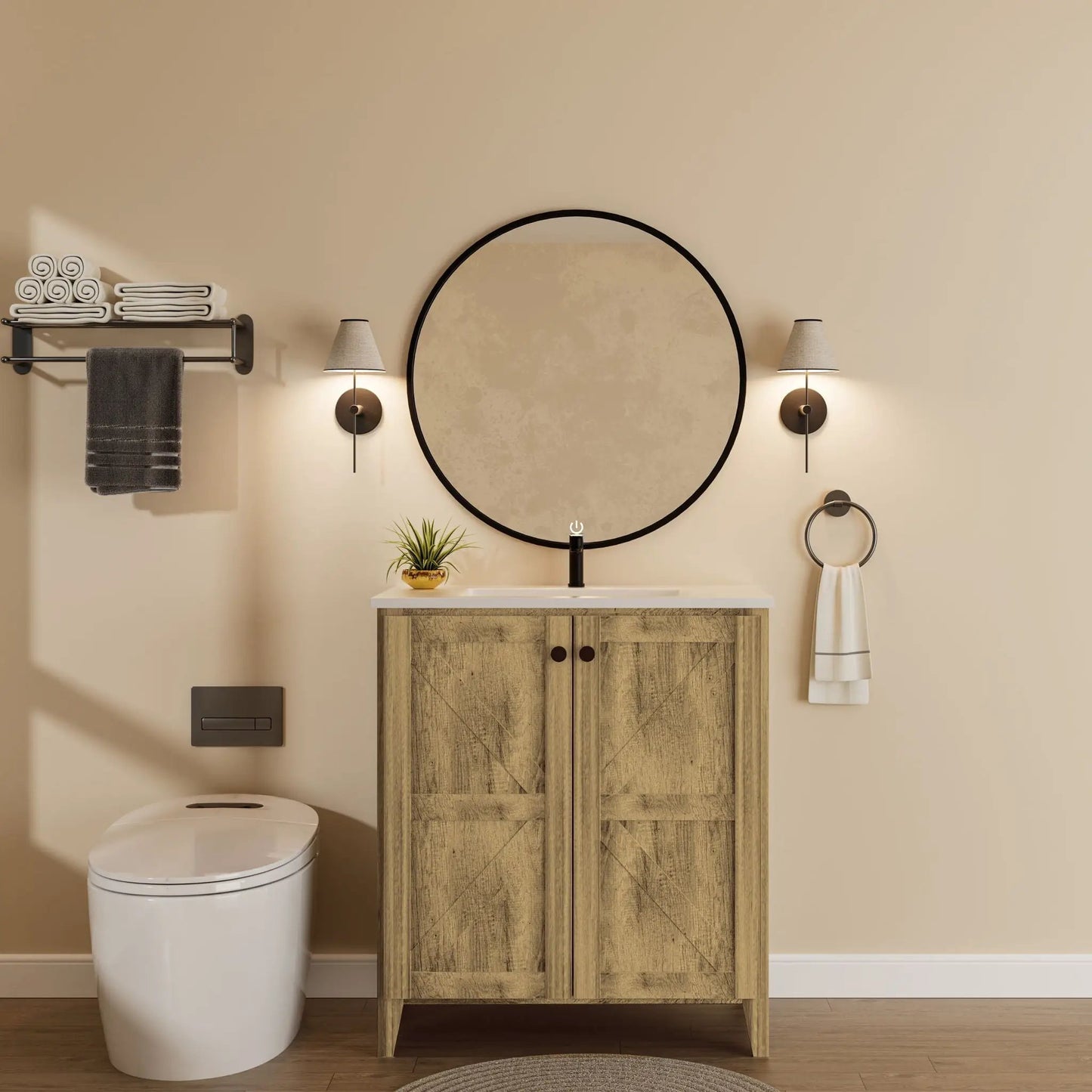 Folding floor cabinet with ceramic sink vanity in rustic wood finish, Unique Piece Furniture on Tampa Home & Garden Store