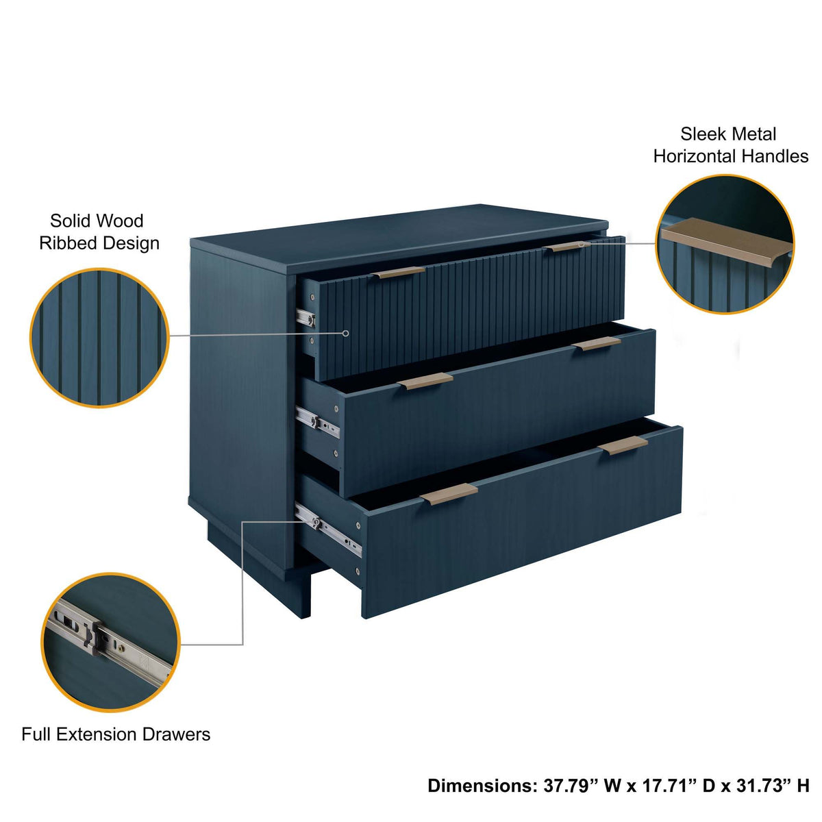 Solid Wood 3-Drawer Dresser with ribbed fronts in blue by HouseOfZazla full-extension drawers on Tampa Home & Garden Store