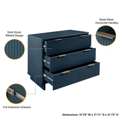Solid Wood 3-Drawer Dresser with ribbed fronts in blue by HouseOfZazla full-extension drawers on Tampa Home & Garden Store