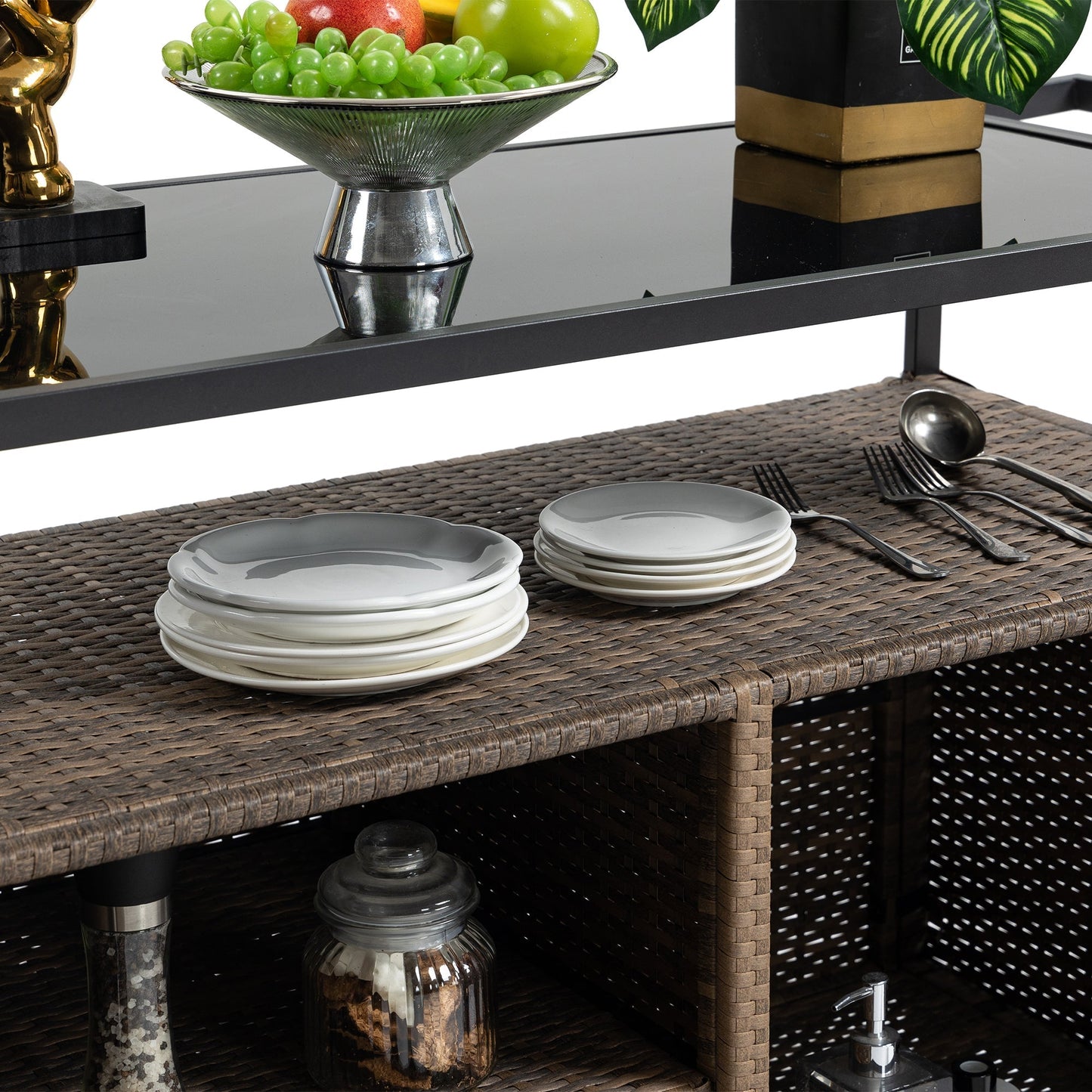 Outdoor Wicker Bar Cart with Glass Top and Wheels, glass surface, plates and cutlery on Tampa Home & Garden Store