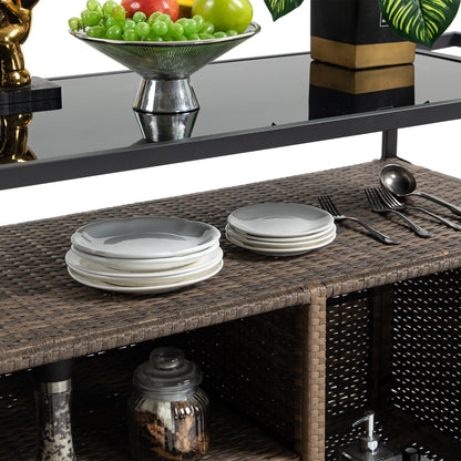 Outdoor Wicker Bar Cart with Glass Top and Wheels, glass surface, plates and cutlery on Tampa Home & Garden Store
