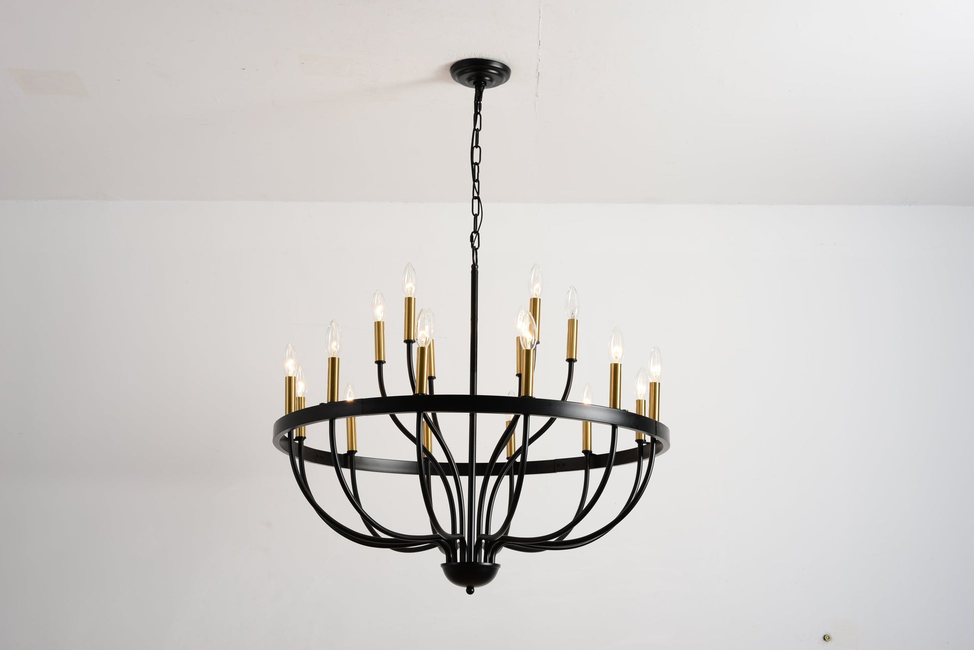 HouseOfZazla 15-Light Industrial Iron Candle Chandelier with black frame and brass accents on Tampa Home & Garden Store