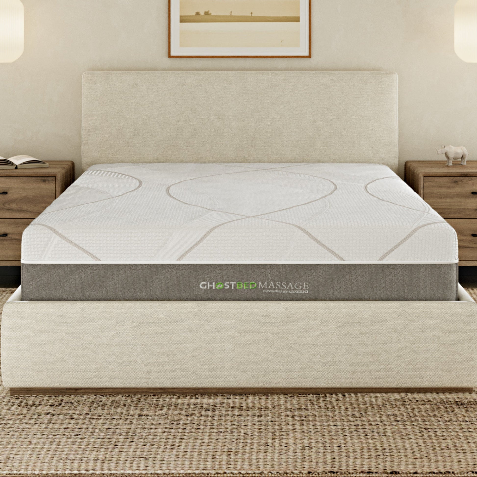 GhostBed Massage Mattress Hybrid Profile white quilted cover on bed with beige headboard on Tampa Home & Garden Store