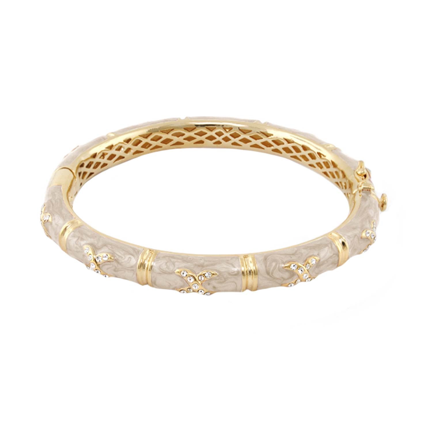 Elegant Hugs Bangle — Wide Pavé X, gold-tone with beige marbled enamel and crystal accents on Tampa Home & Garden Store