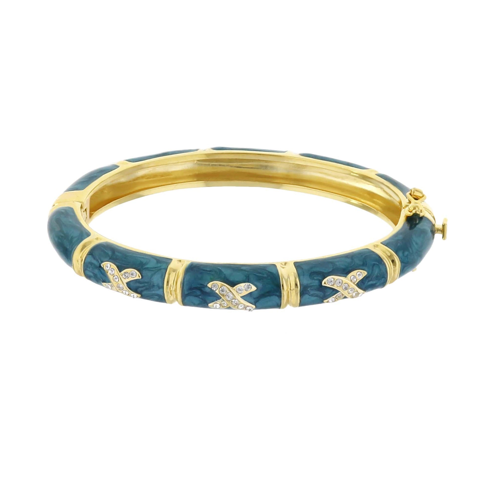 Elegant Hugs Bangle Slim X bracelet Lauren G Adams, gold with teal enamel and crystals on Tampa Home & Garden Store