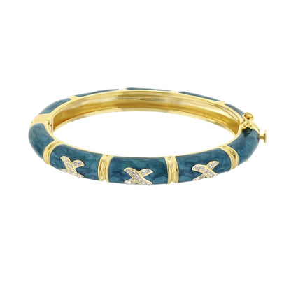 Elegant Hugs Bangle Slim X bracelet Lauren G Adams, gold with teal enamel and crystals on Tampa Home & Garden Store