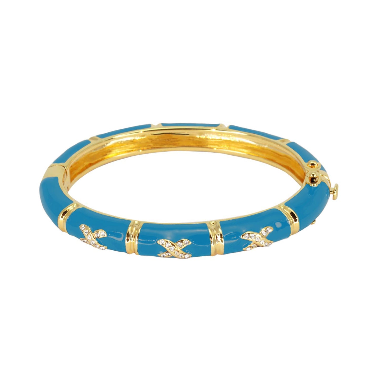 Elegant Hugs Bangle Slim Pavé X blue enamel with goldtone links and crystal X accents on Tampa Home & Garden Store