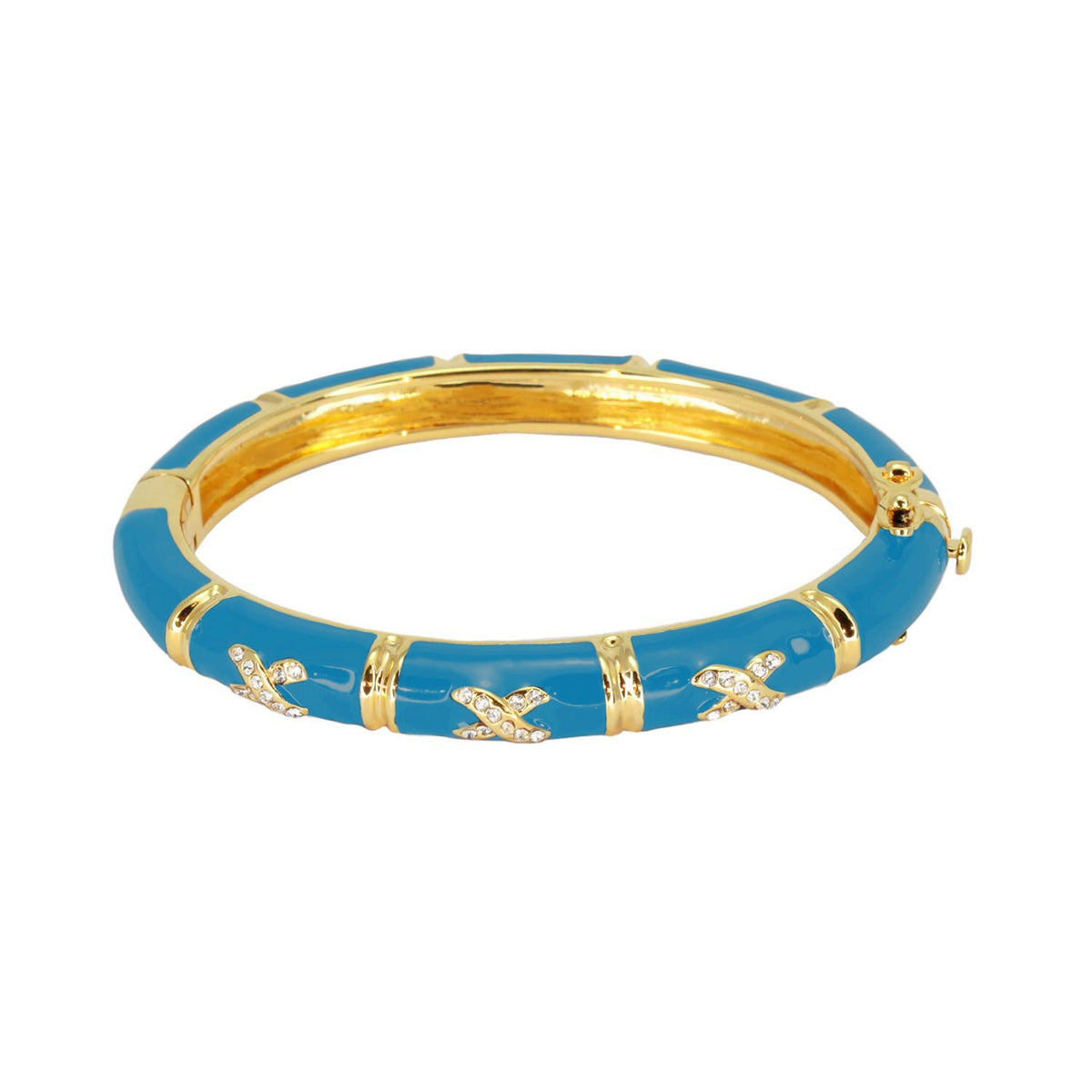 Elegant Hugs Bangle Slim Pavé X blue enamel with goldtone links and crystal X accents on Tampa Home & Garden Store