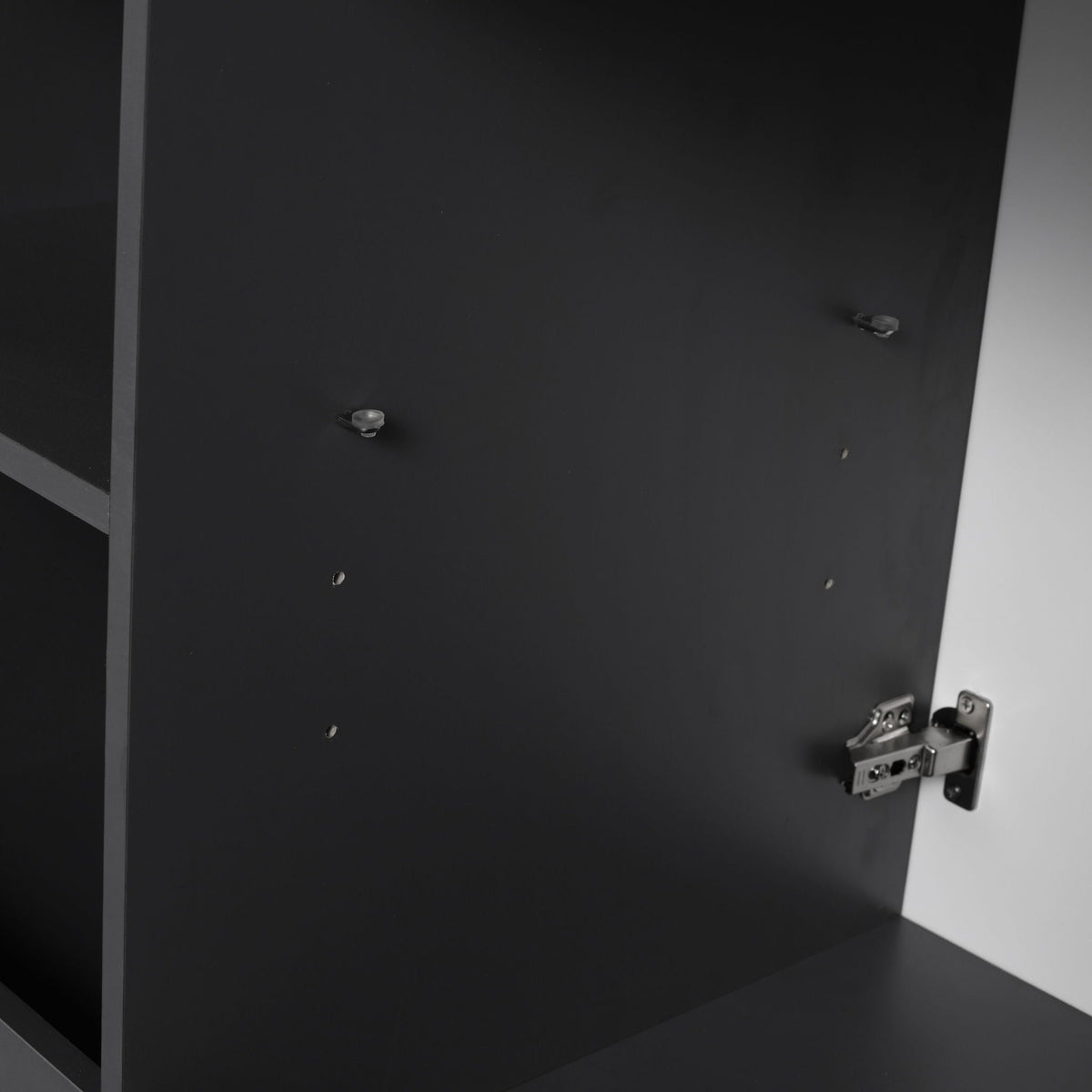 Freestanding Bath Vanity interior in black showing metal door hinges on Tampa Home & Garden Store