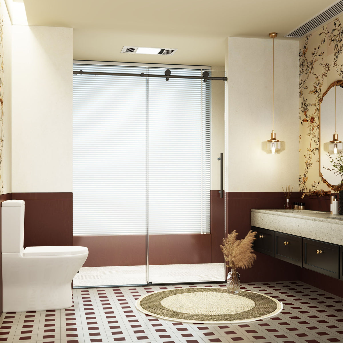 Frameless single sliding soft-close shower doors by HouseOfZazla with dark hardware in bathroom on Tampa Home & Garden Store