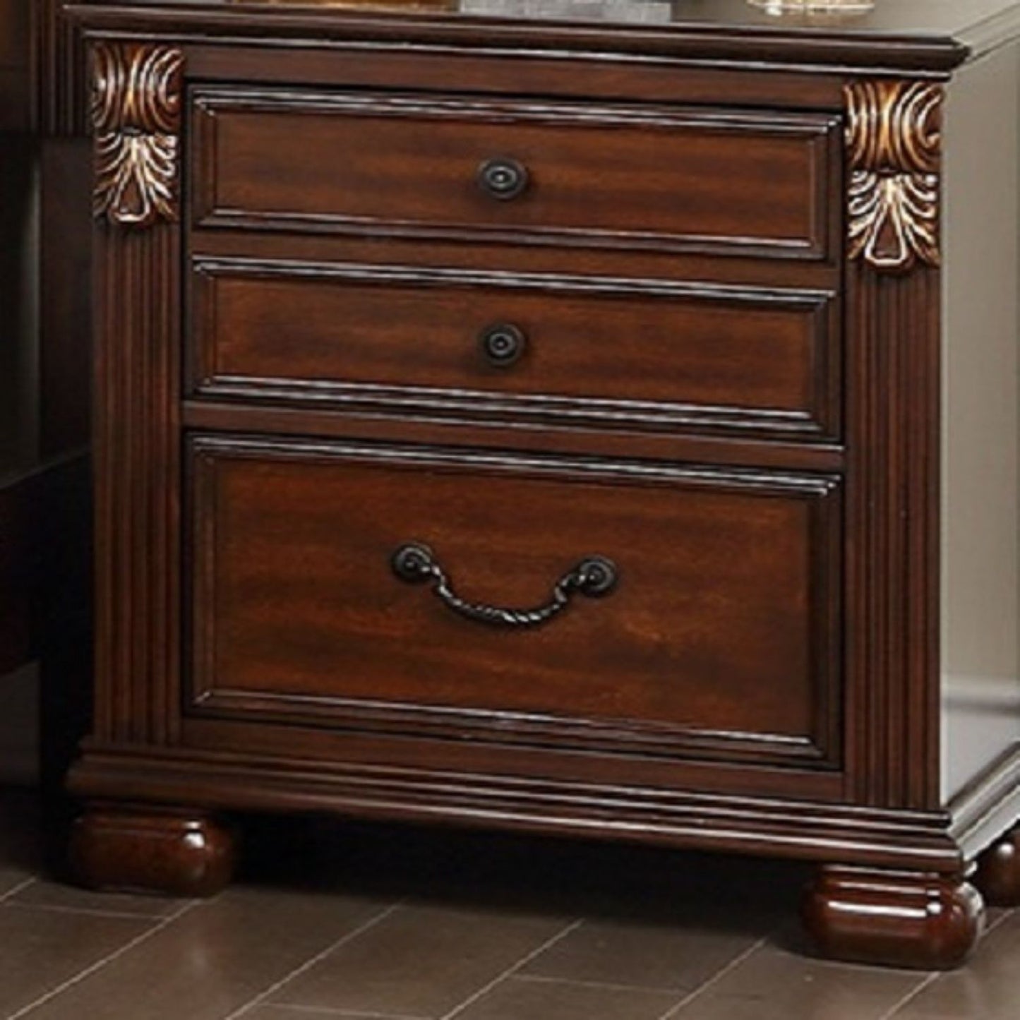 Traditional dark wood nightstand with 3 drawers, ornate carved trim on Tampa Home & Garden Store