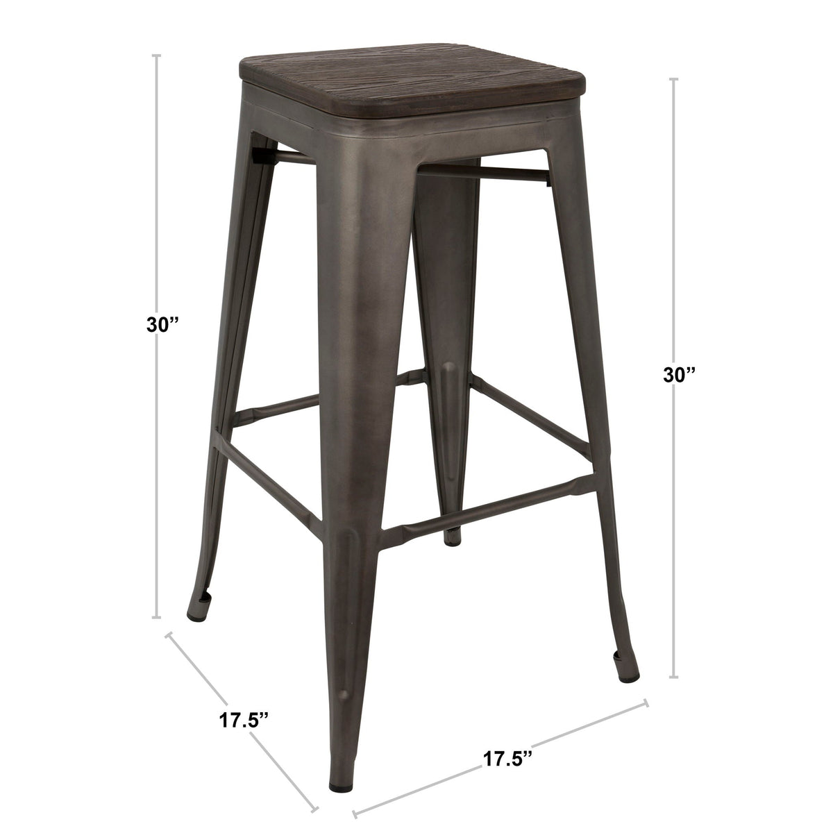 Contemporary Barstool Set of 2 with stackable design, dark metal frame and woodgrain seat on Tampa Home & Garden Store
