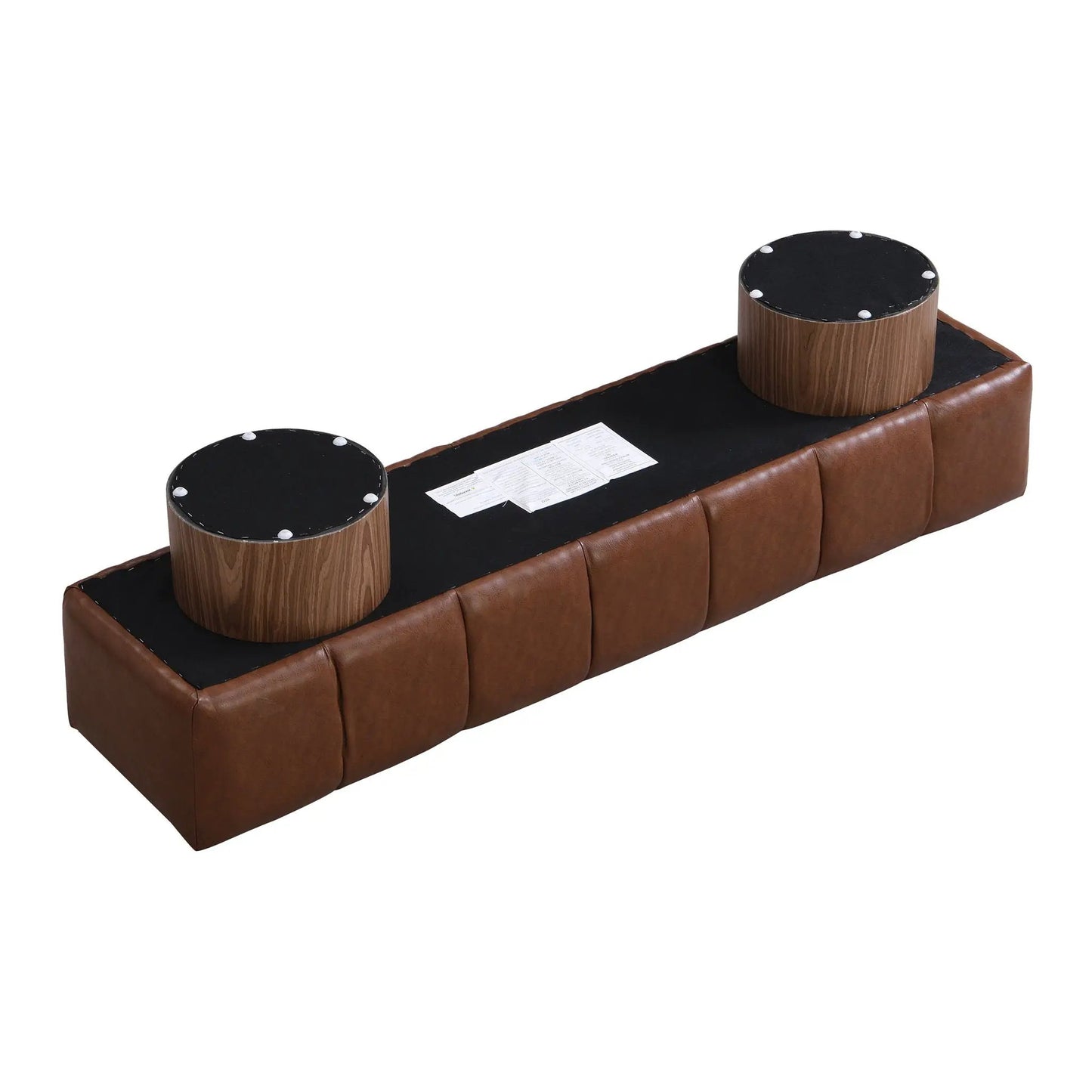 Upholstered dining bench by Unique Piece Furniture in brown leather with round black tops on Tampa Home & Garden Store