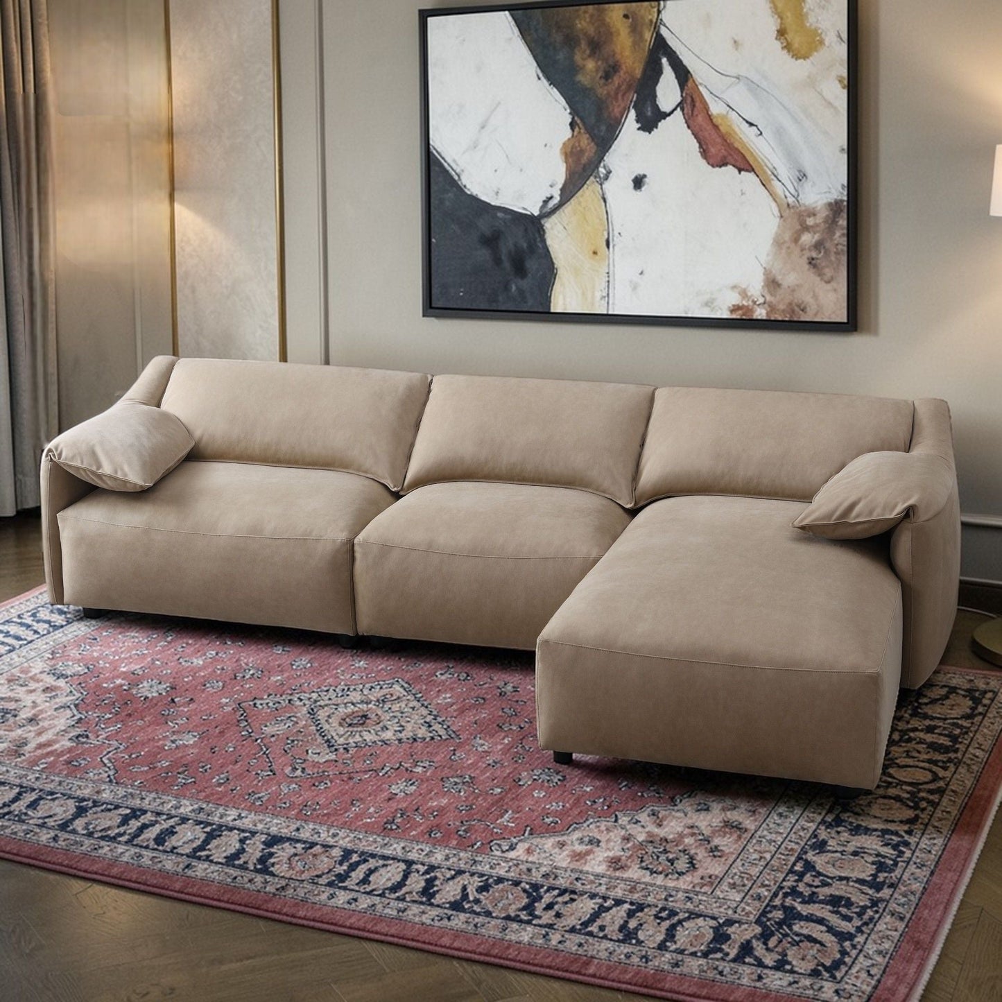 Veata sectional sofa in light brown fabric with plush cushions on Tampa Home & Garden Store