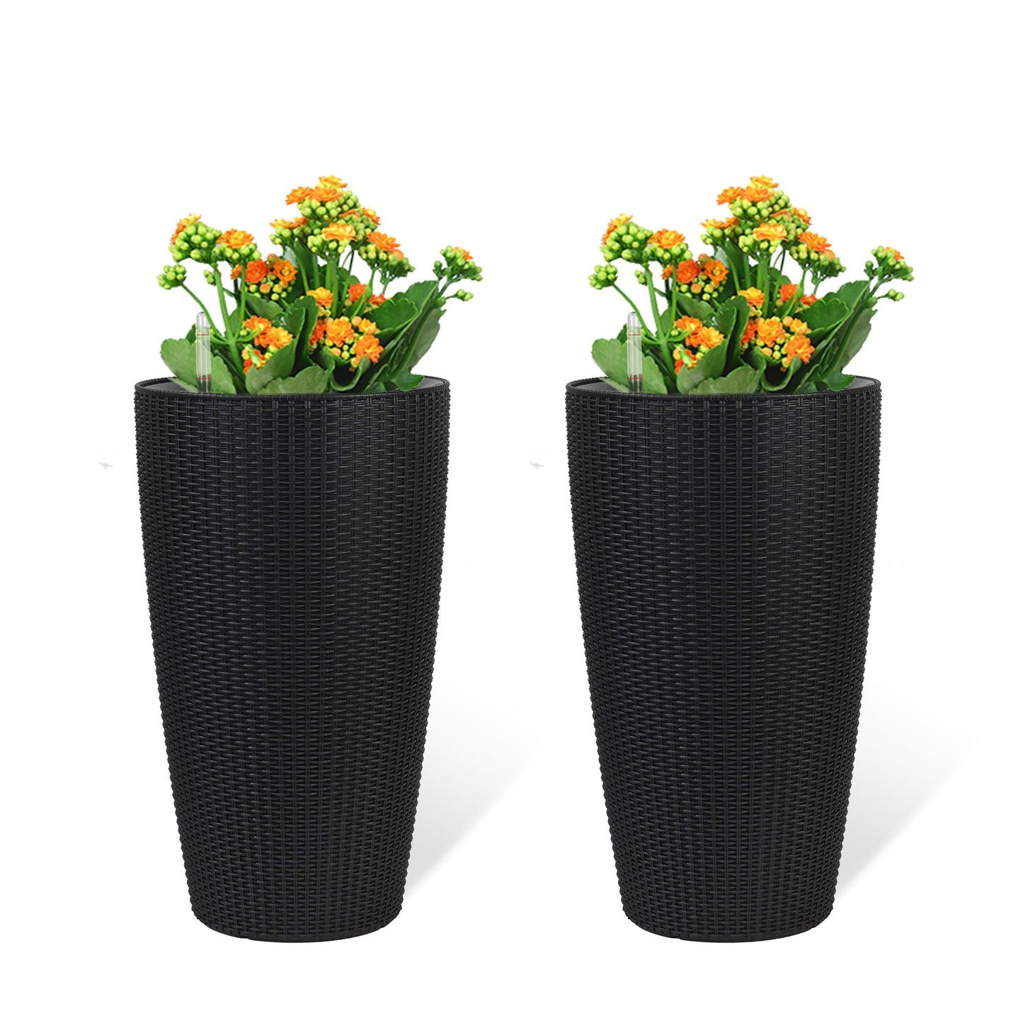 Set of 2 tall black wicker planters with orange flowers and a water level monitor by HouseOfZazla on Tampa Home & Garden Store