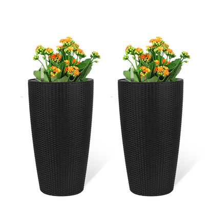Set of 2 tall black wicker planters with orange flowers and a water level monitor by HouseOfZazla on Tampa Home & Garden Store