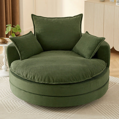 Swivel barrel chair in forest green corduroy with cushions and pillows on Tampa Home & Garden Store