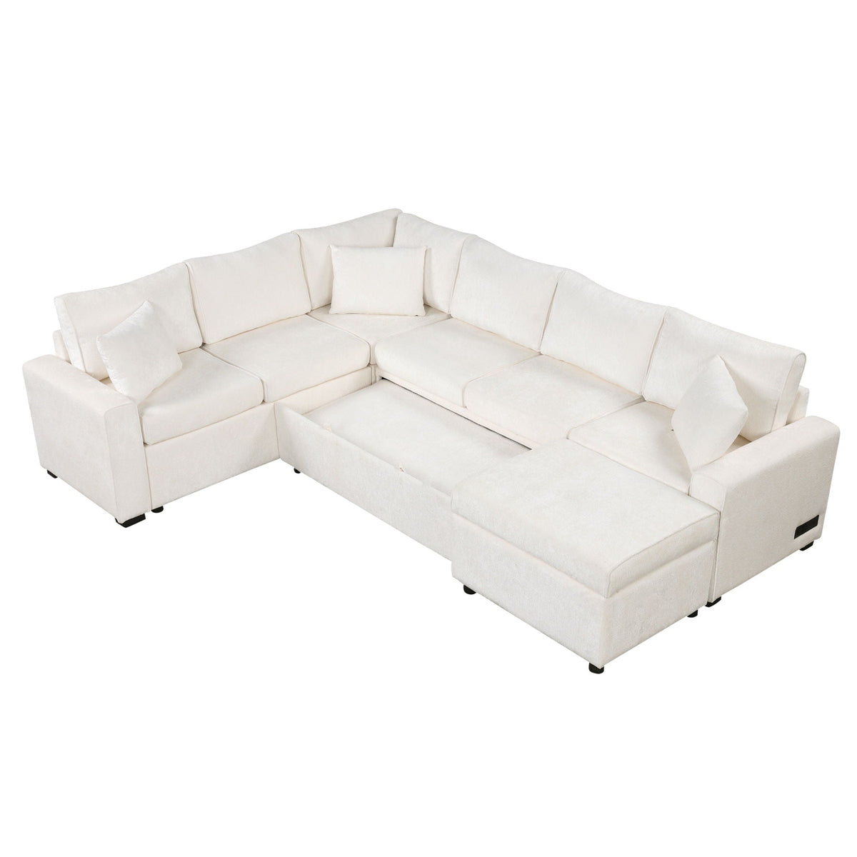 Sectional sleeper sofa by HouseOfZazla in ivory fabric with storage ottoman and three pillows on Tampa Home & Garden Store