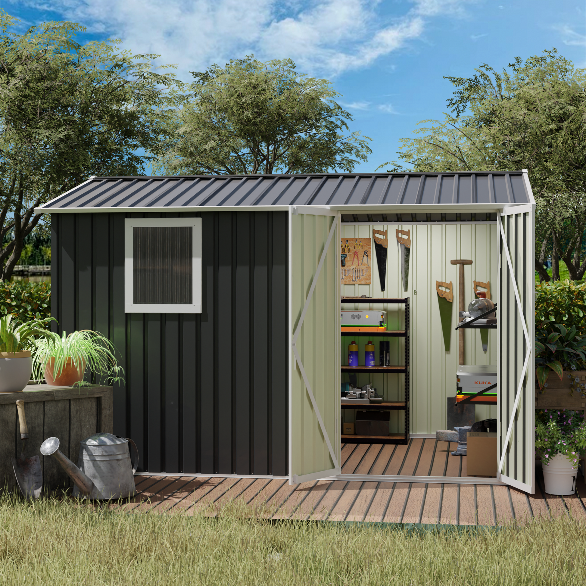 9x6 ft metal garden shed green with white trim open door reveals pegboard tools HouseOfZazla on Tampa Home & Garden Store