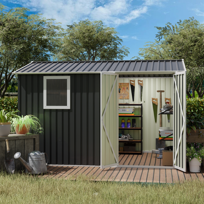 9x6 ft metal garden shed green with white trim open door reveals pegboard tools HouseOfZazla on Tampa Home & Garden Store