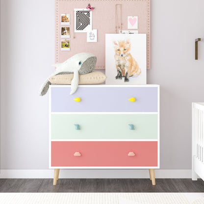 3-Drawer Dresser Storage Cabinet by HouseOfZazla with pastel rainbow drawers and anti-tip safety on Tampa Home & Garden Store