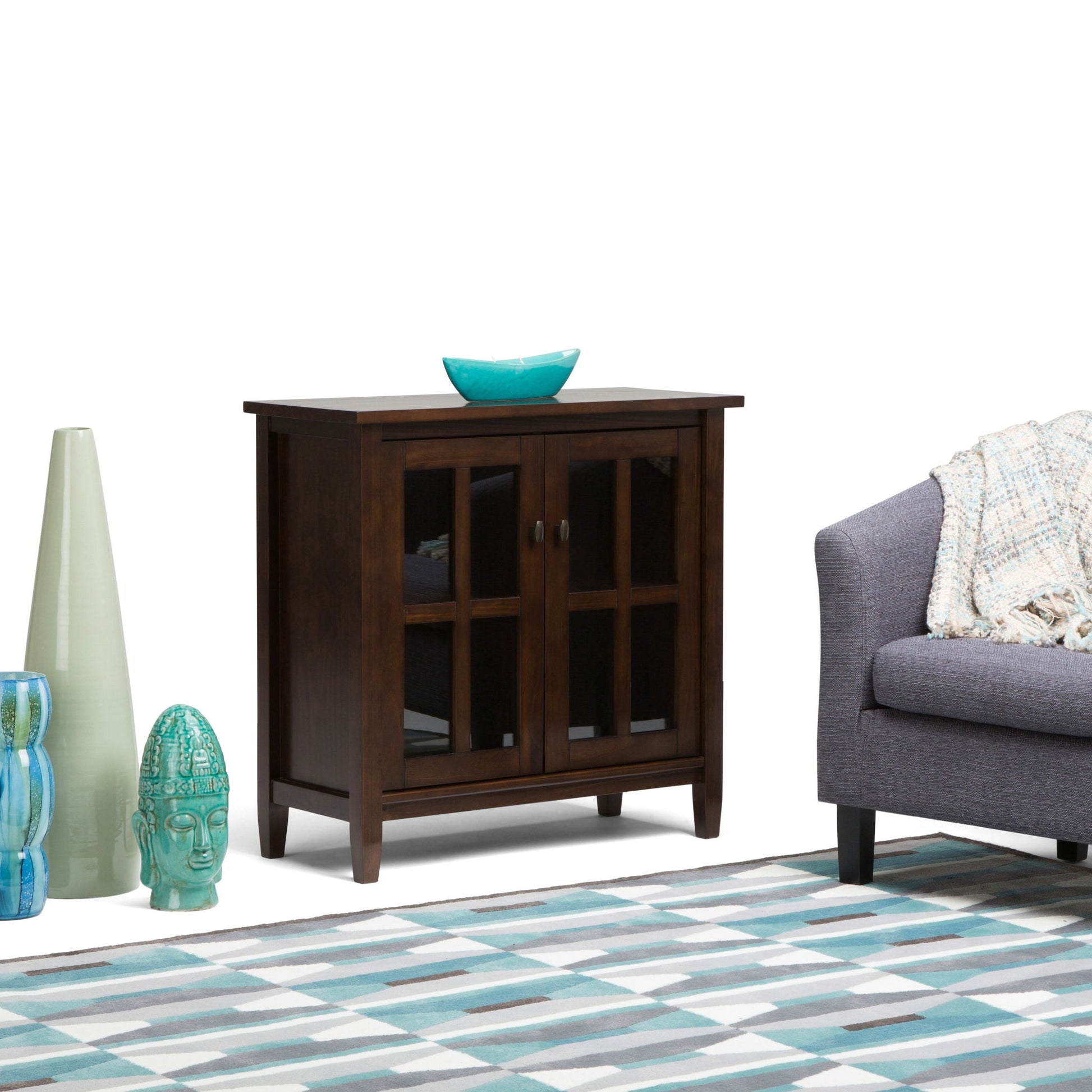 Warm Shaker handcrafted low storage cabinet in dark wood with glass-pane doors, HouseOfZazla accent cabinet on Tampa Home & Garden Store