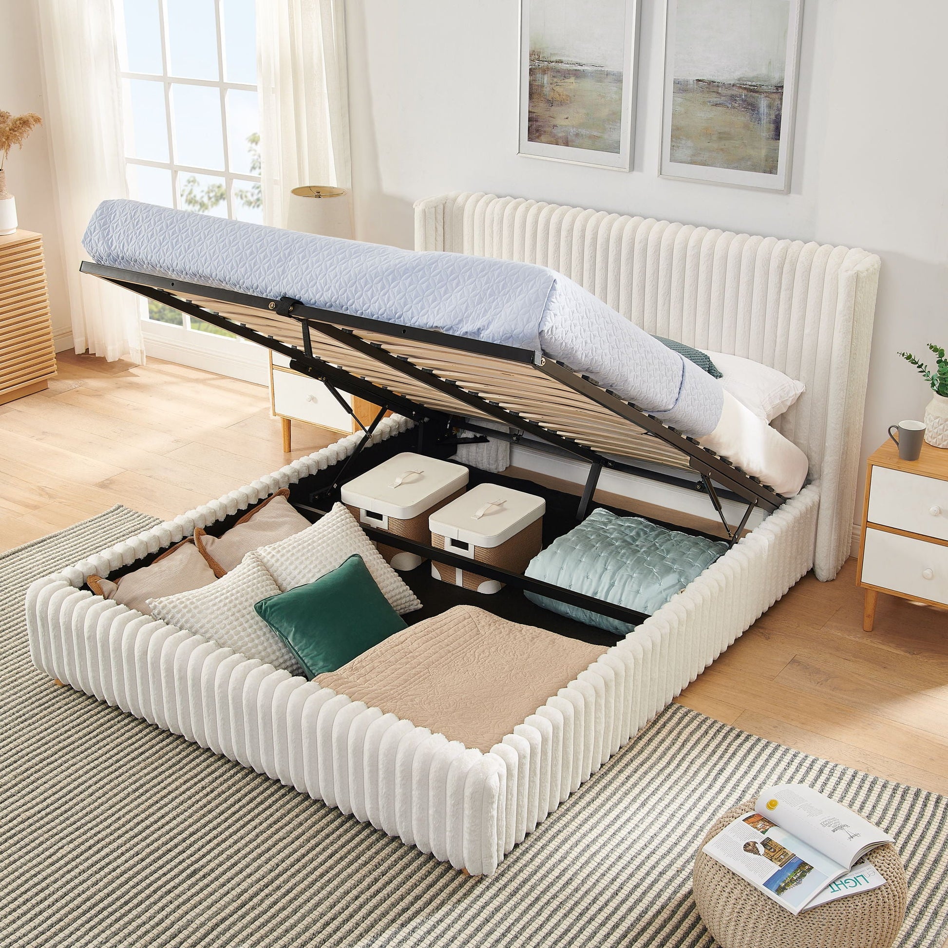 Functional Vertical Striped Bed With Gas Lift Storage with 3 under-bed storage boxes on Tampa Home & Garden Store