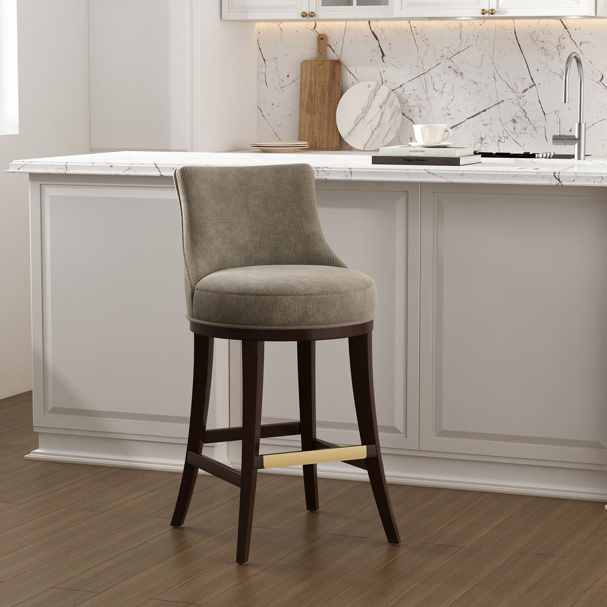 Bar height barstool with backrest in beige fabric, dark brown wood legs, HouseOfZazla, 28-30 in on Tampa Home & Garden Store
