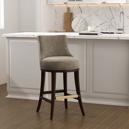 Bar height barstool with backrest in beige fabric, dark brown wood legs, HouseOfZazla, 28-30 in on Tampa Home & Garden Store