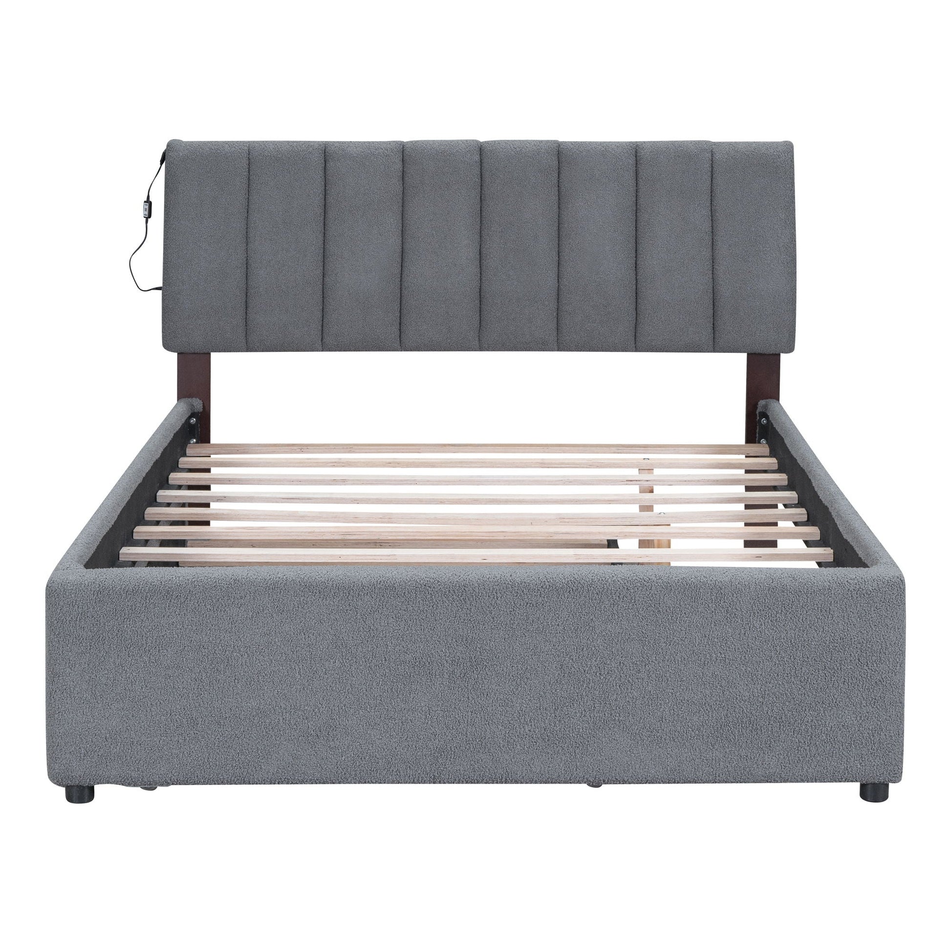 Upholstered platform bed with trundle in grey fabric, channel tufted headboard by HouseOfZazla on Tampa Home & Garden Store