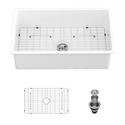 Elegant Farmhouse Apron Front White Ceramic Undermount Sink by HouseOfZazla with grid rack on Tampa Home & Garden Store