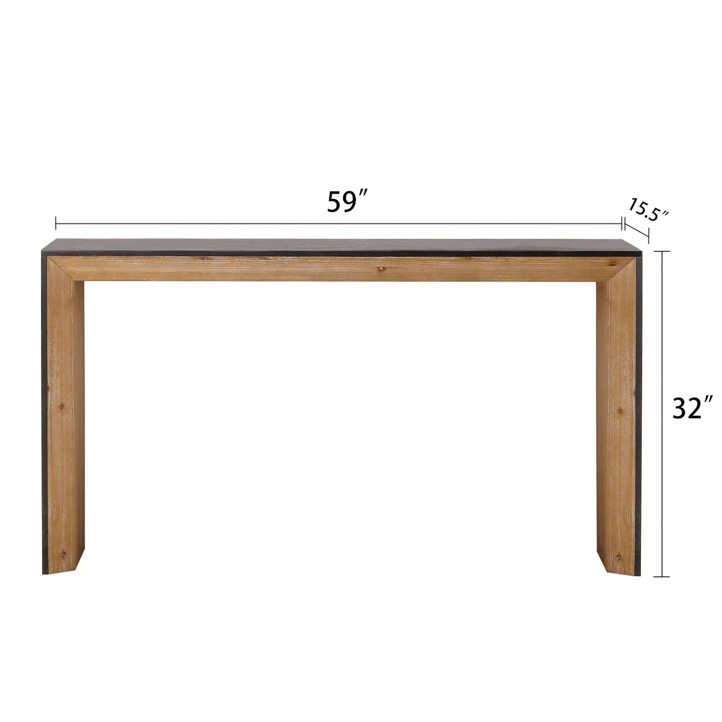 Modern console table in natural wood with black edge trim, 59 in wide, 15.5 in deep, 32 in high on Tampa Home & Garden Store