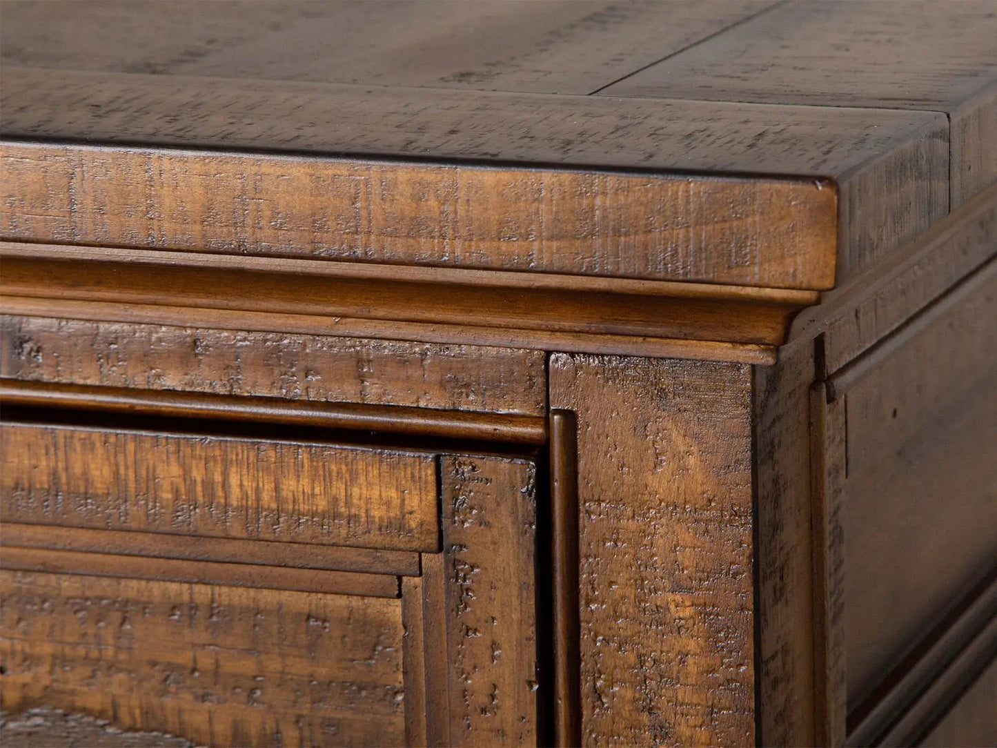 Bay Creek rectangular end table in distressed warm brown wood with textured grain on Tampa Home & Garden Store