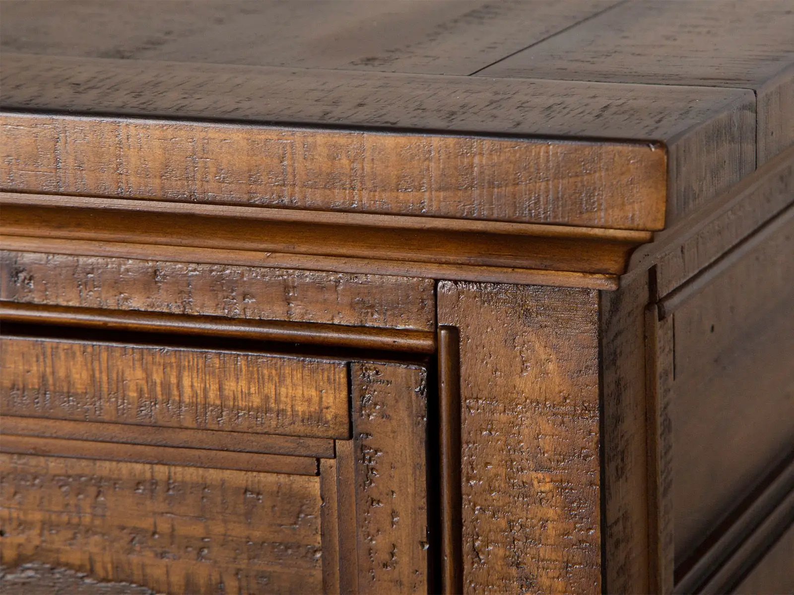 Bay Creek rectangular end table in distressed warm brown wood with textured grain on Tampa Home & Garden Store