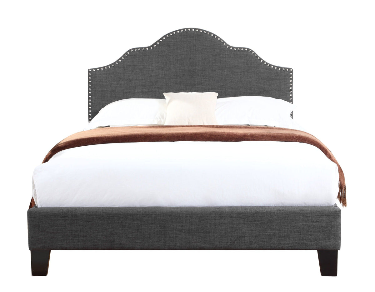 Kopa fabric upholstered bed with dark gray nailhead-trim headboard and white bedding on Tampa Home & Garden Store