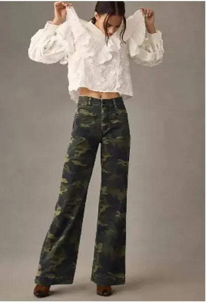 Loose Leisure Washed-out Button Flared Jeans camo wide-leg pants by FLIPSTYLEZLLC on Tampa Home & Garden Store